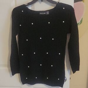 Jennifer Lauren SzXL Black Ribbed cotton blend Sweater with Pearl Embellishments